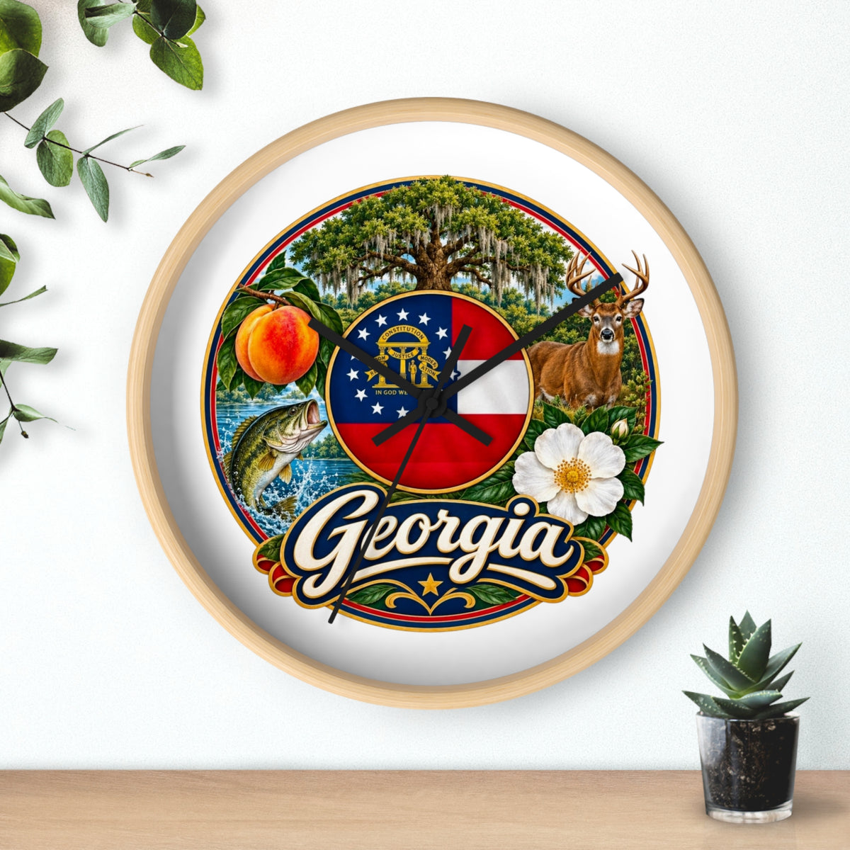 Georgia State Emblems Wall Clock — Peach, Magnolia & Outdoors Decorative Clock