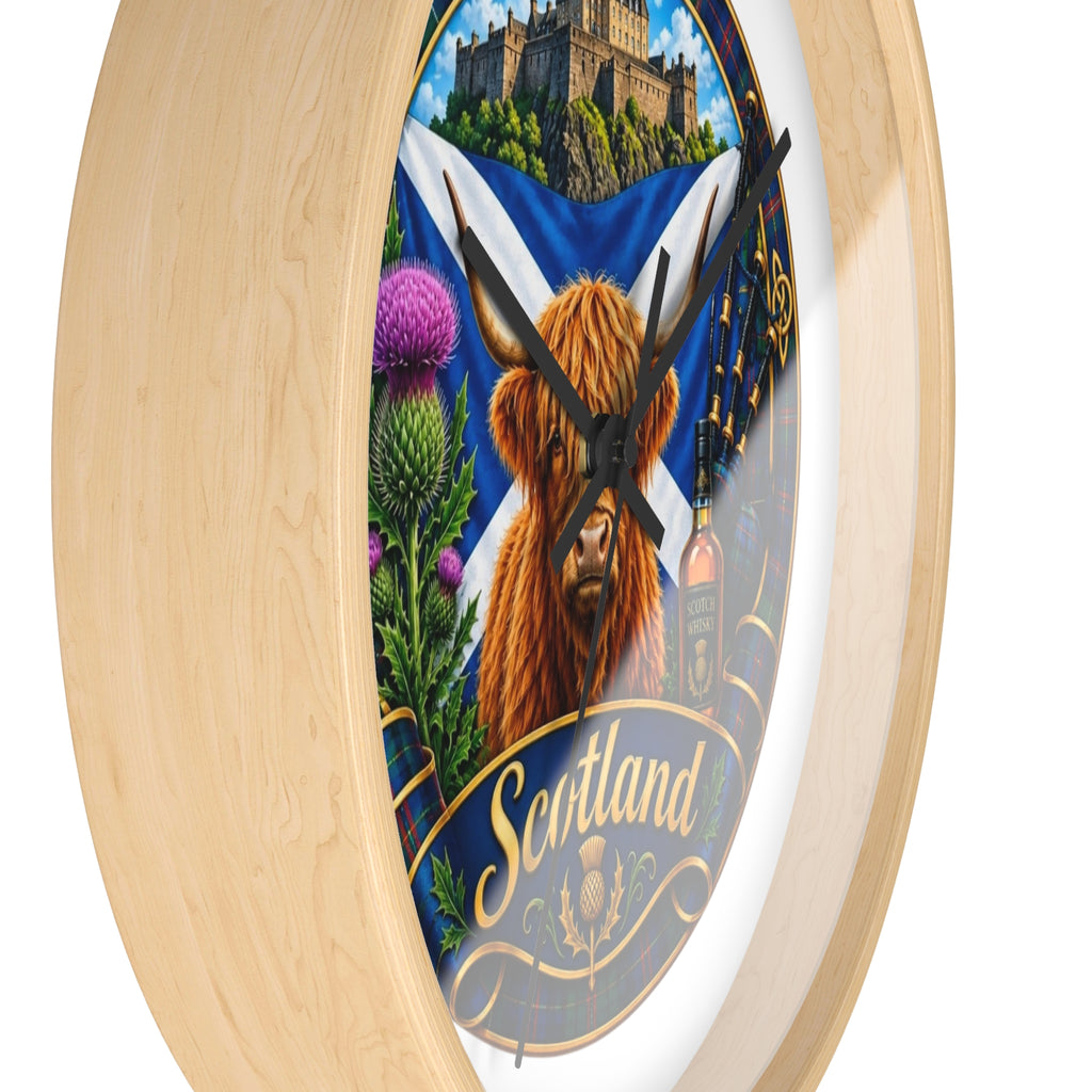 Scotland Highland Cow Wall Clock — Tartan Thistle Scottish Castle Home Decor