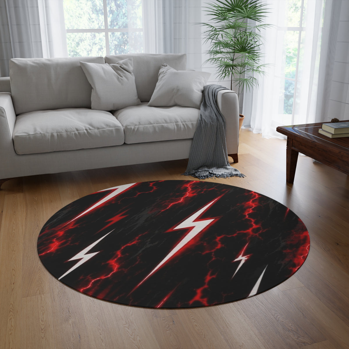 Lightning Bolt Round Rug — Red Storm Pattern Accent Rug