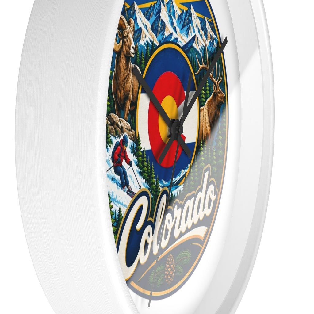Colorado Mountain Scenic Wall Clock — Skiing, Elk & Bighorn Sheep Design