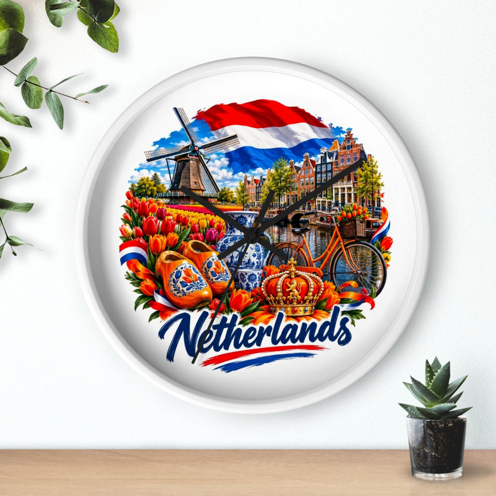 Netherlands Wall Clock – Dutch Tulips, Windmill & Canal Souvenir Clock