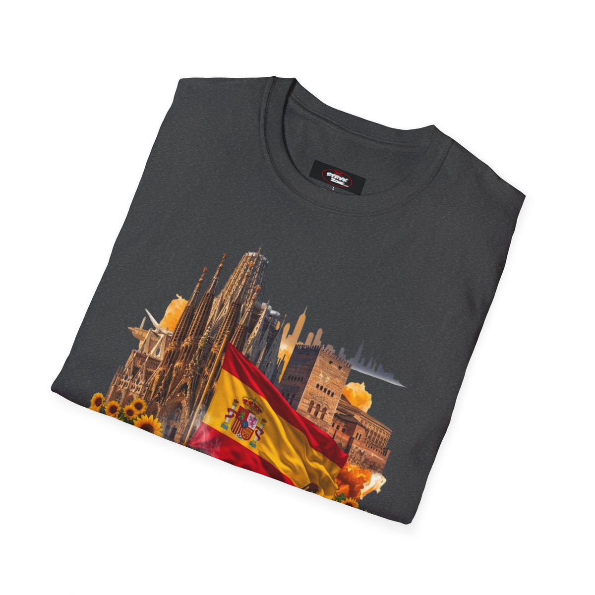Spain Travel Collage T-Shirt — Paella, Guitar & Spanish Flag Graphic Tee