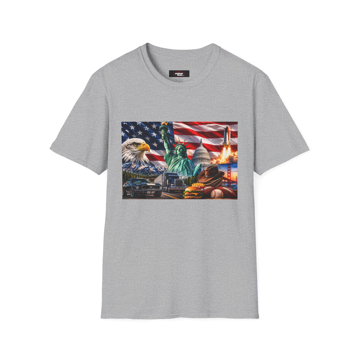 Patriotic USA Montage T-Shirt – Eagle, Statue of Liberty & American Flag Design