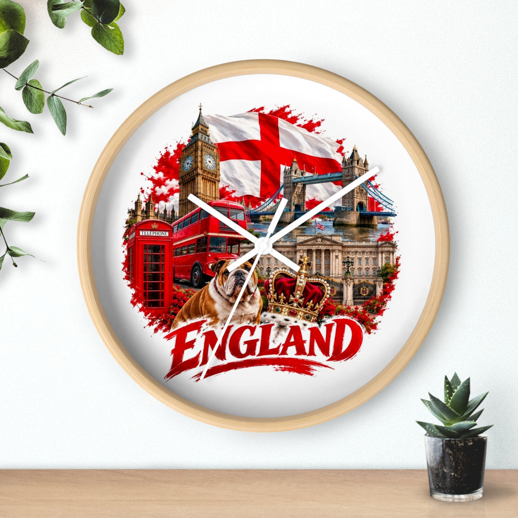 England Wall Clock – British Landmarks, Bulldog & St. George Flag Home Decor