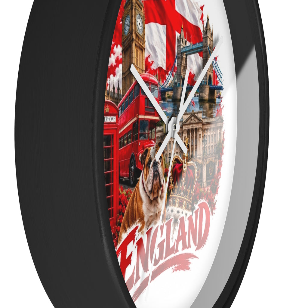England Wall Clock – British Landmarks, Bulldog & St. George Flag Home Decor