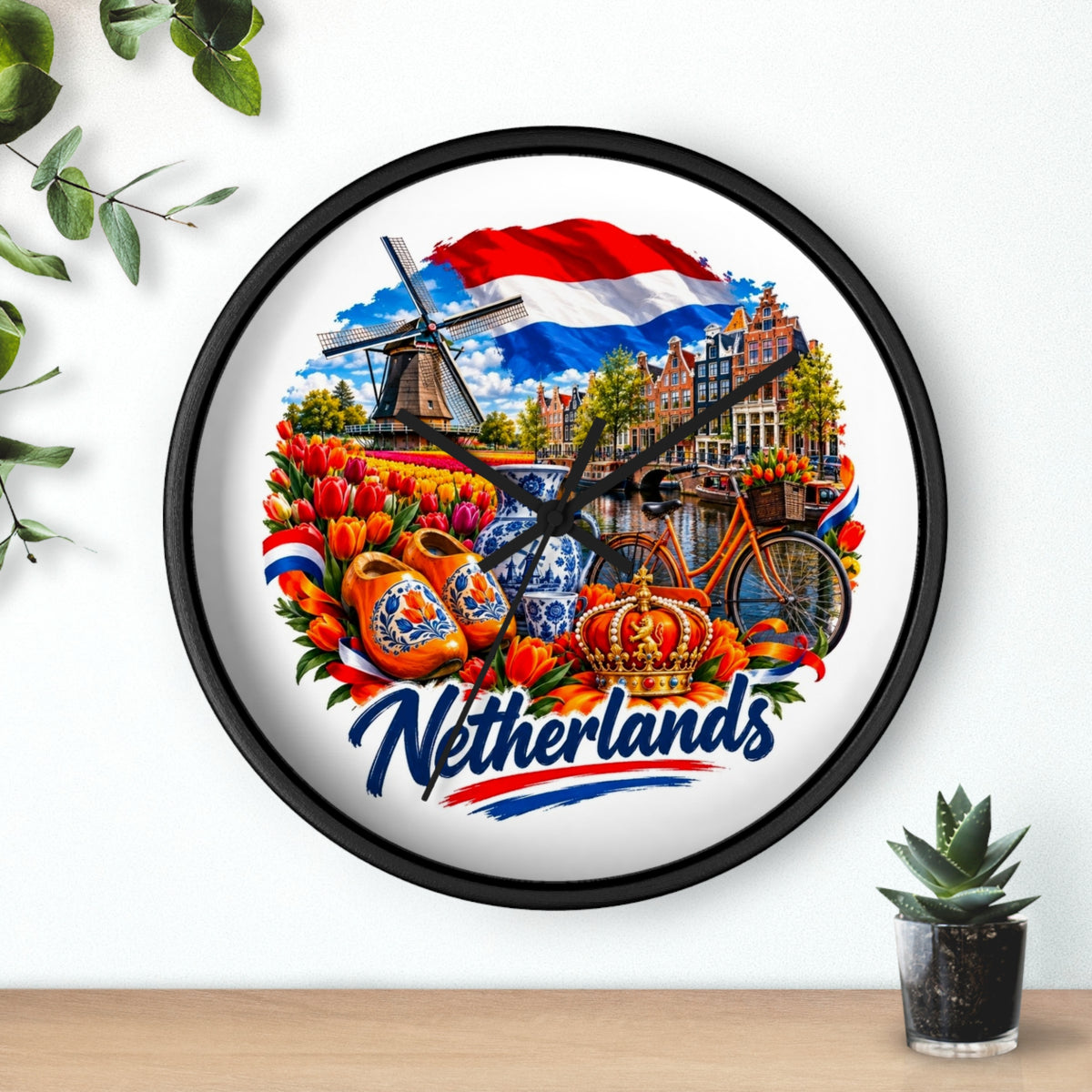 Netherlands Wall Clock – Dutch Tulips, Windmill & Canal Souvenir Clock