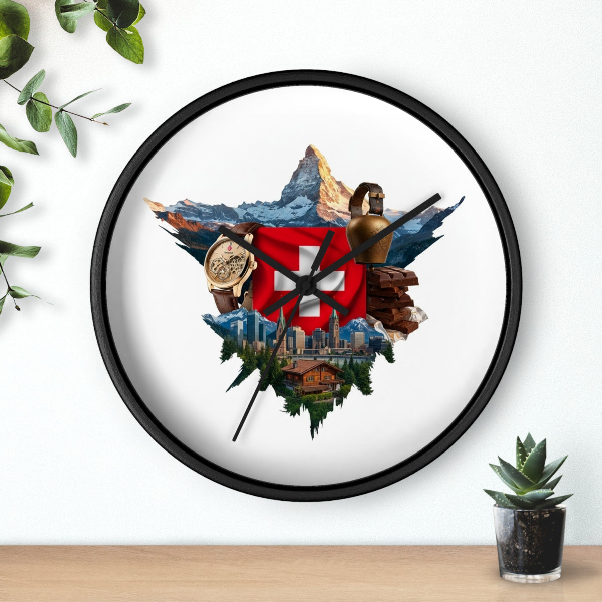 Swiss Heritage Wall Clock – Alpine Crest Design with Swiss Flag, Mountain & Chalet Elements