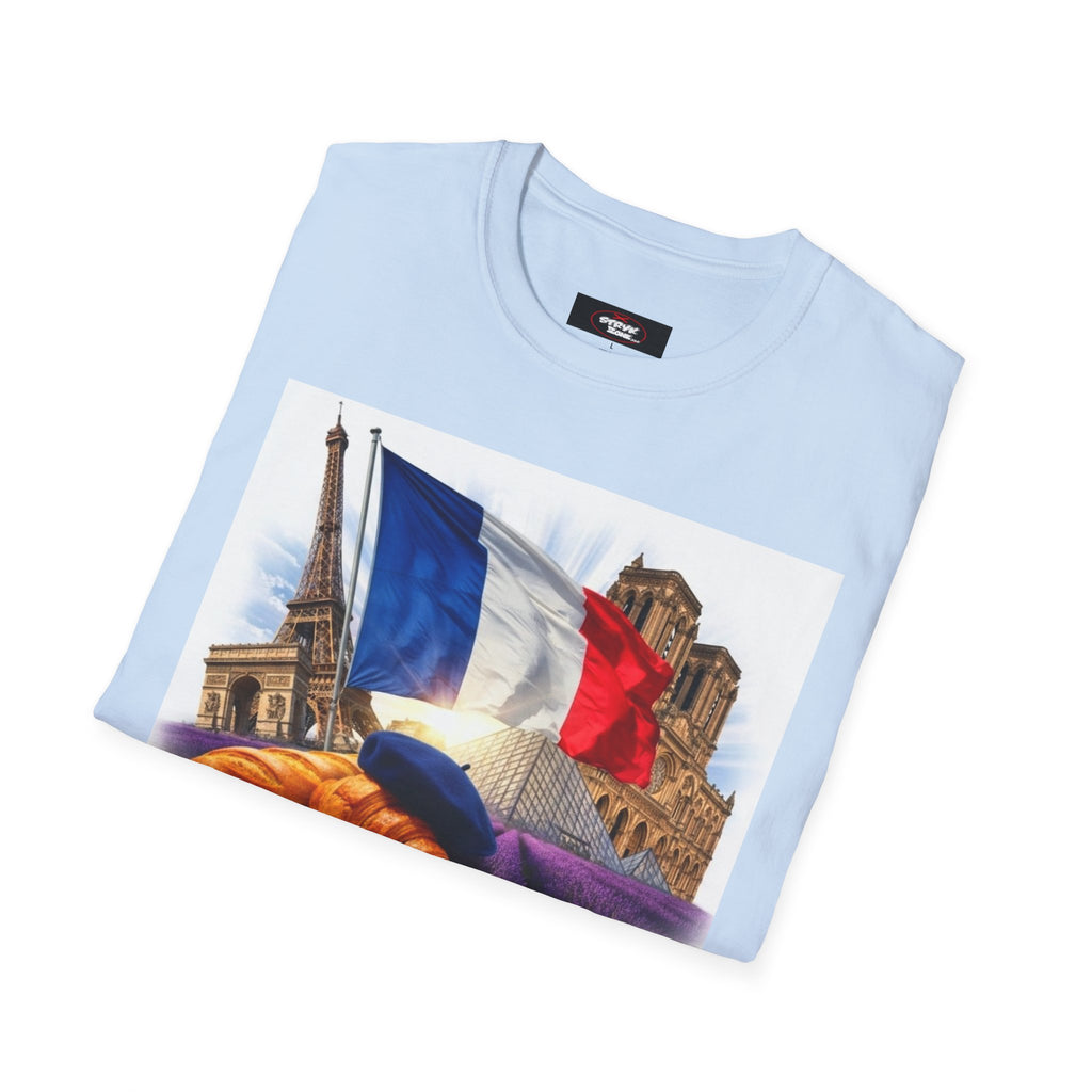 French Flag & Landmark T-Shirt — Eiffel Tower, Notre-Dame & Croissant Graphic