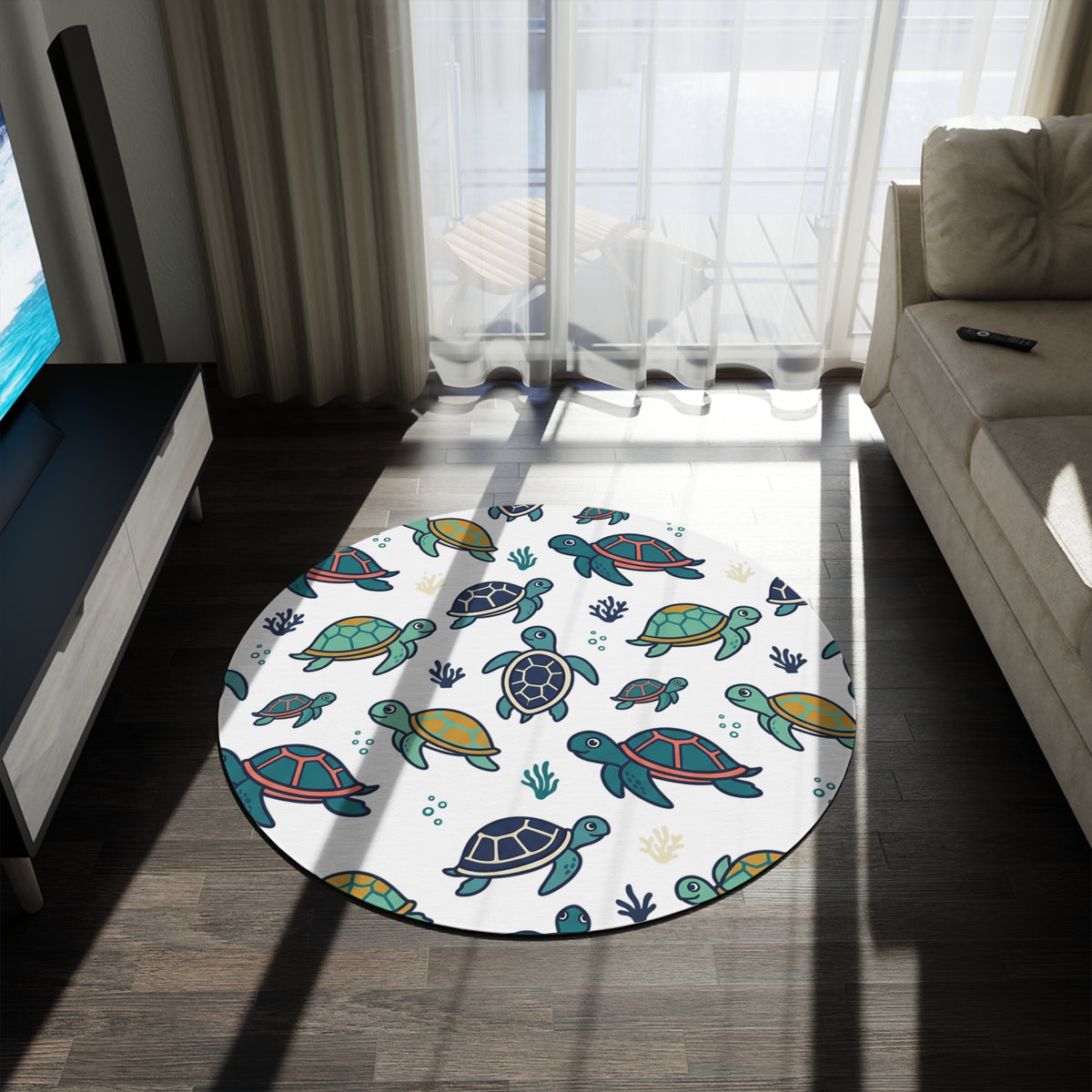 Round Turtle Pattern Rug — Cute Sea Turtle Nursery Accent Mat
