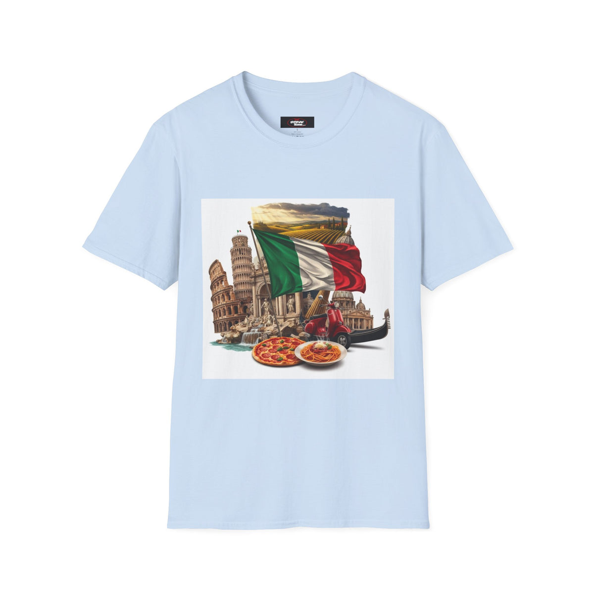 Italian Landmarks & Cuisine T-Shirt — Pizza, Colosseum & Flag Graphic