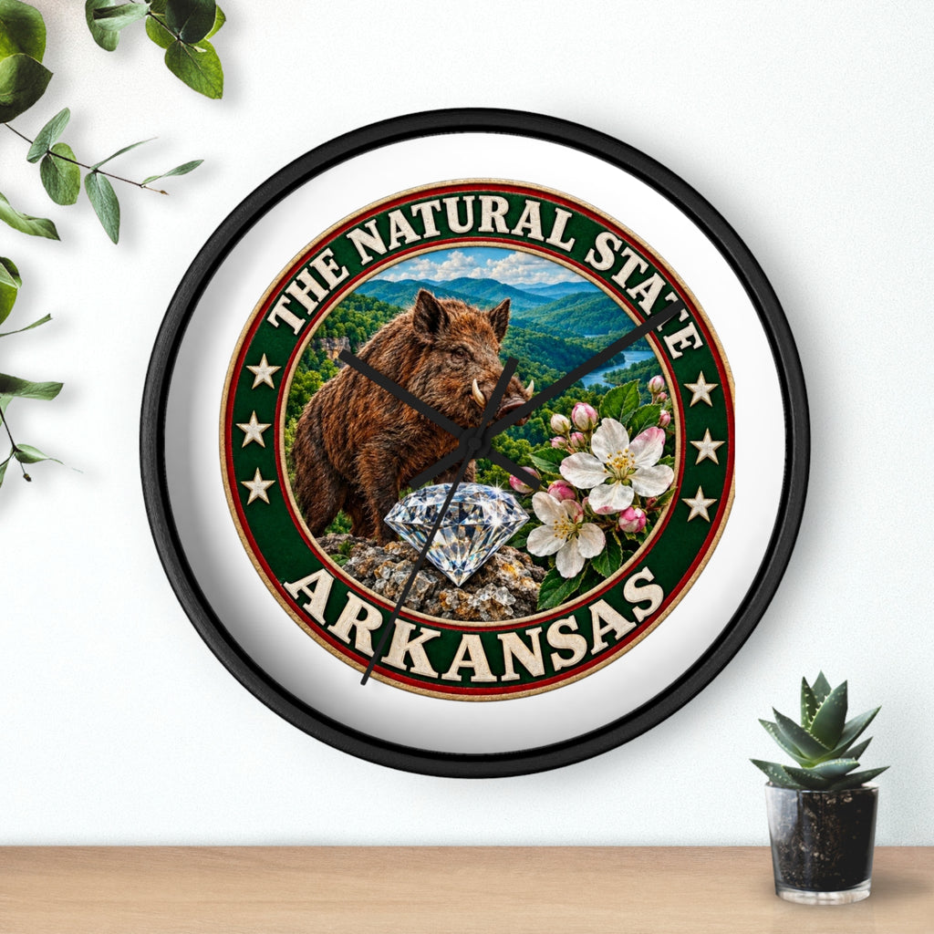 Arkansas State Seal Decorative Wall Clock — 'The Natural State' Bear, Diamond & Apple Blossom Design
