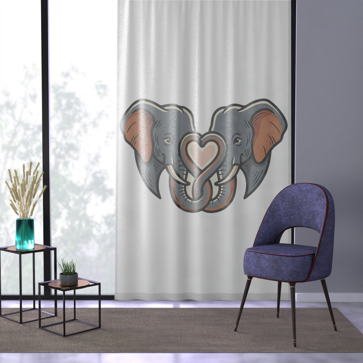 Elephant Heart Sheer Window Curtain — Cute Grey Elephant Trunk Heart Design