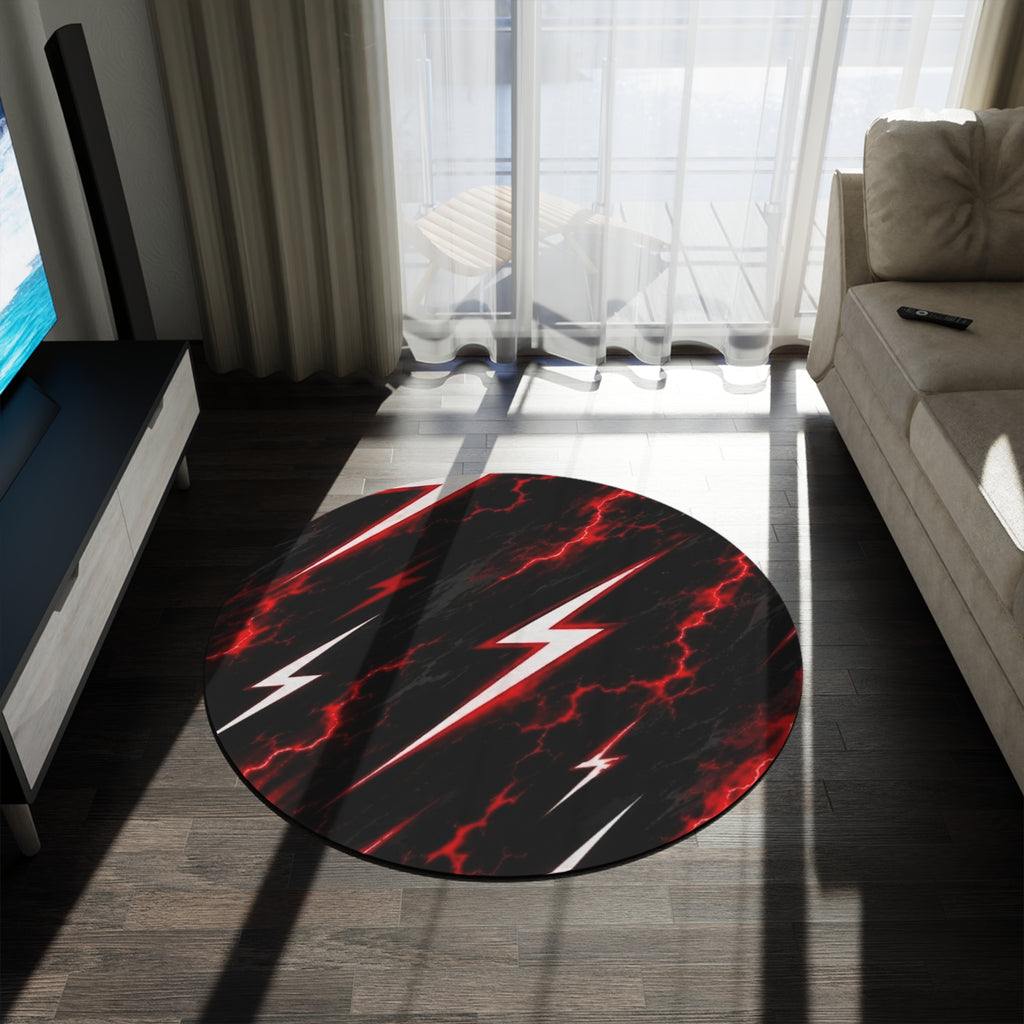 Lightning Bolt Round Rug — Red Storm Pattern Accent Rug