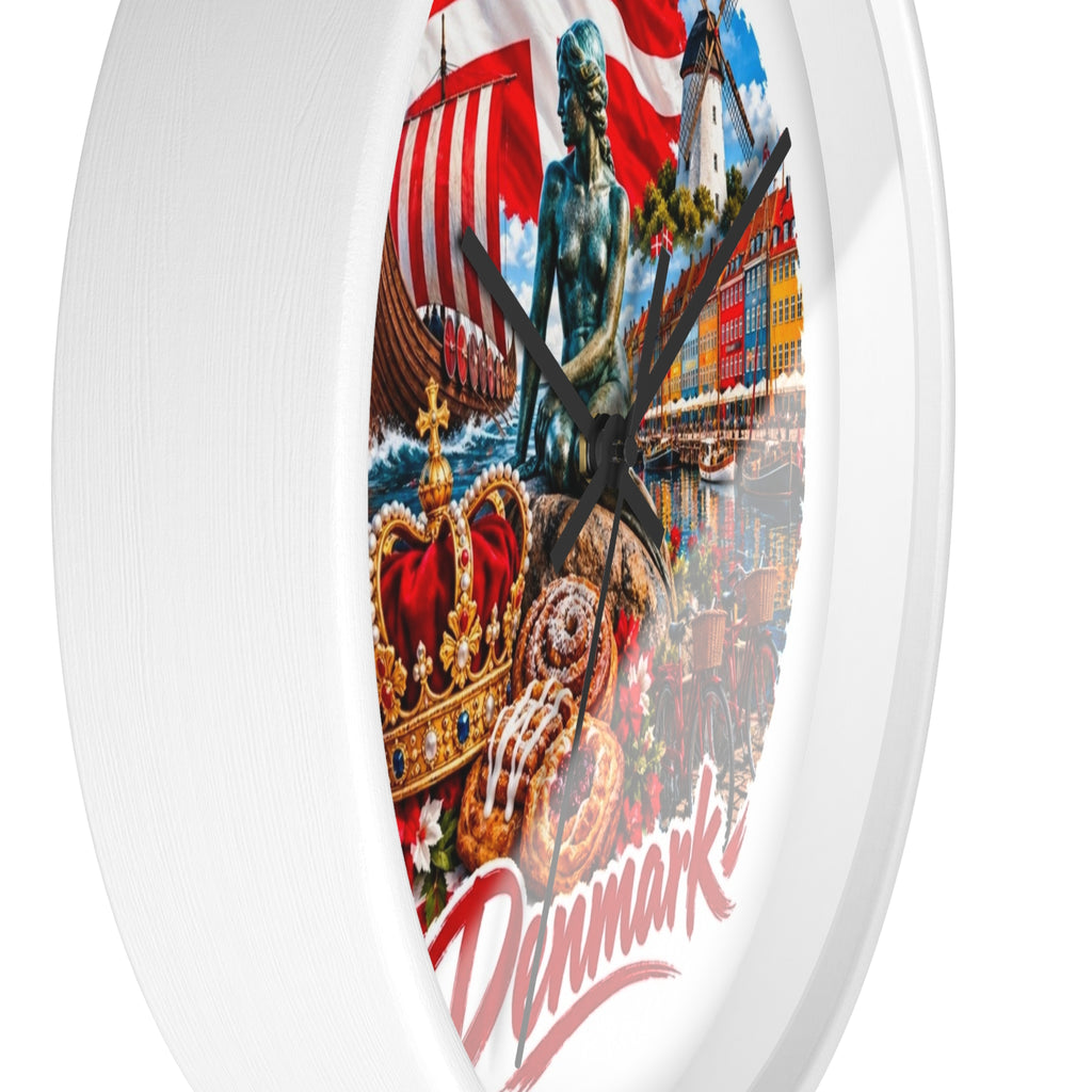 Denmark Wall Clock — Copenhagen Icons: Little Mermaid, Nyhavn, Viking Longship & Danish Pastries