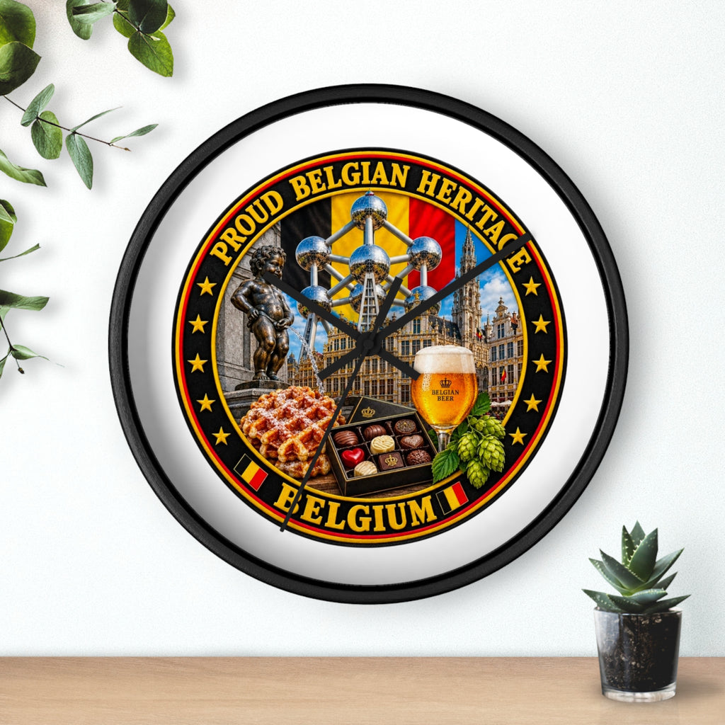 Belgium Heritage Wall Clock — Proud Belgian Icons (Atomium, Manneken Pis, Waffle, Beer)