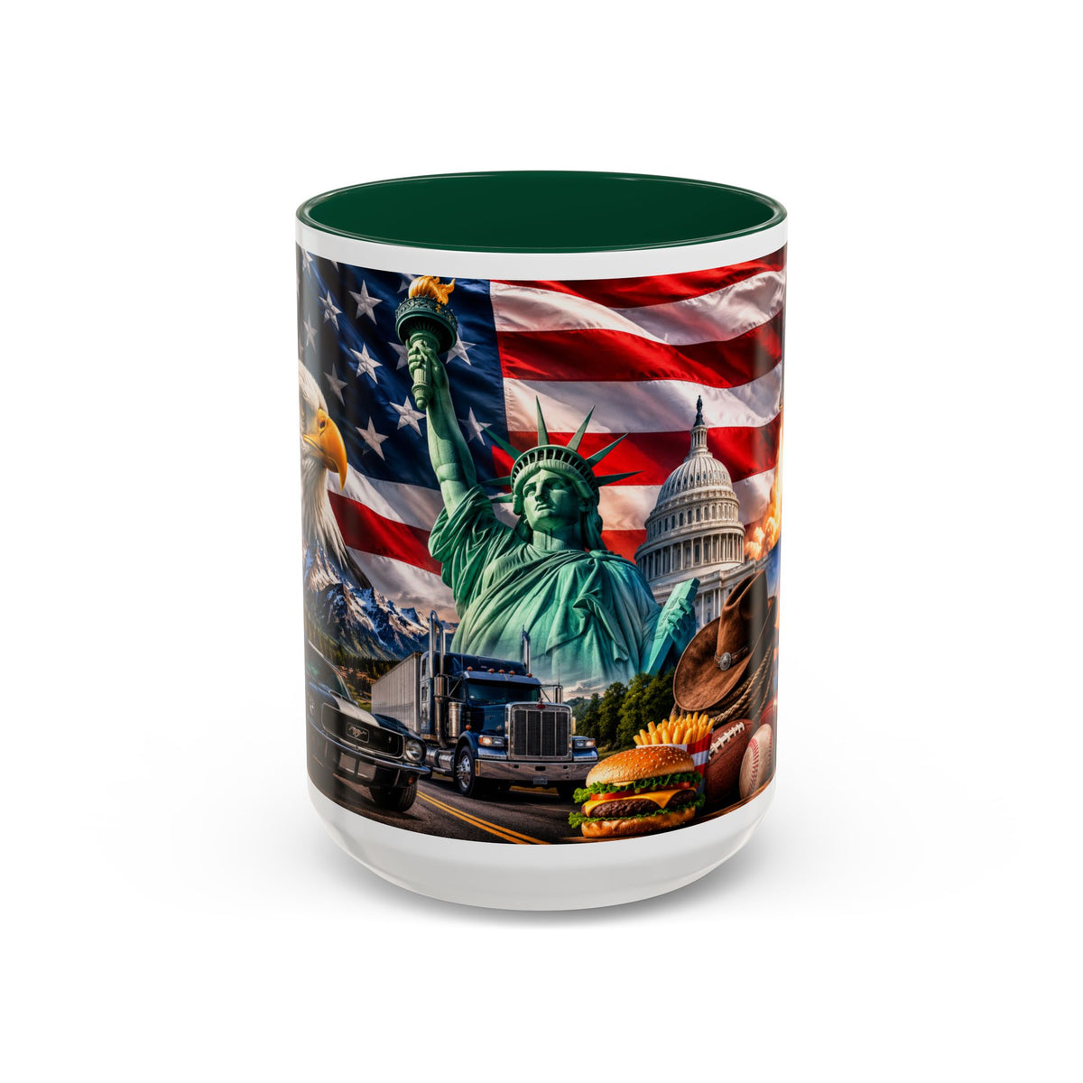 Patriotic USA Collage Mug — Statue of Liberty, Capitol & American Flag (Two-Tone)