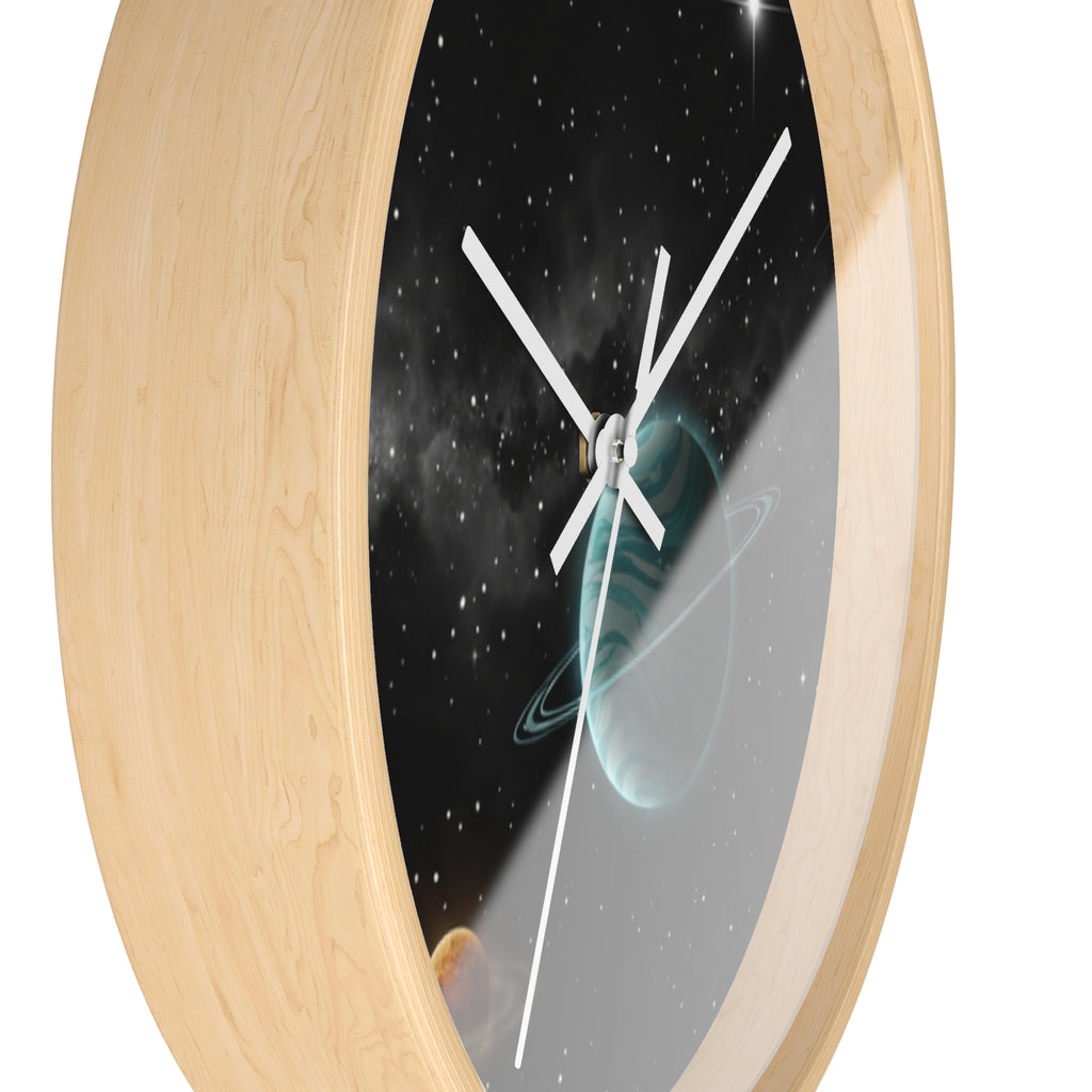 Space Planet Wall Clock — Teal Ringed Planet & Starfield Decorative Clock
