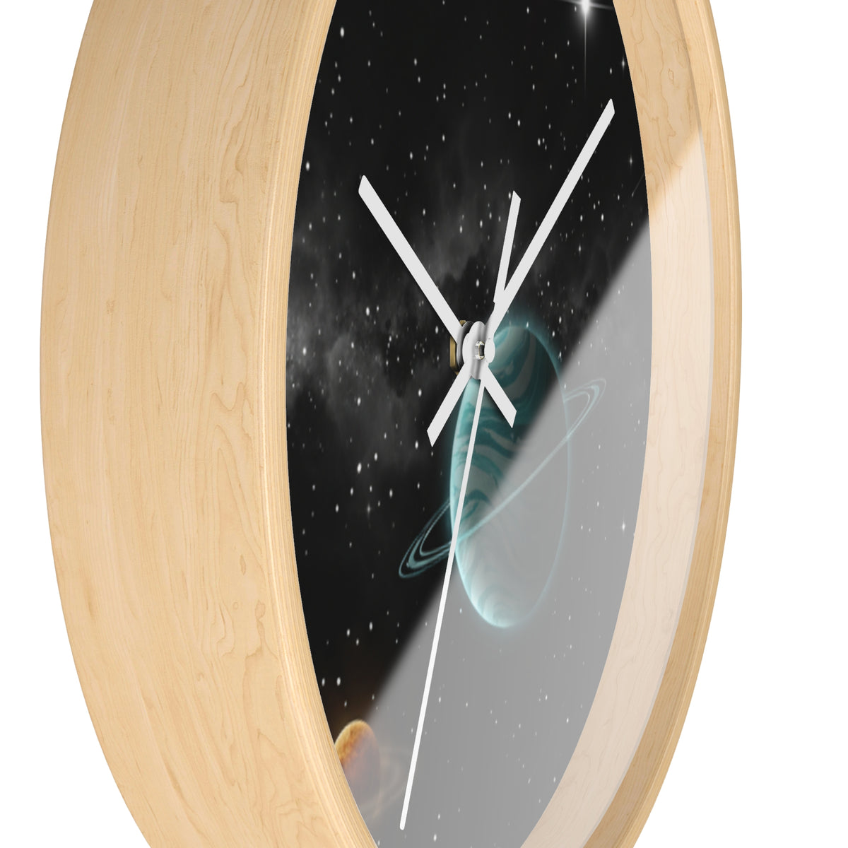 Space Planet Wall Clock — Teal Ringed Planet & Starfield Decorative Clock
