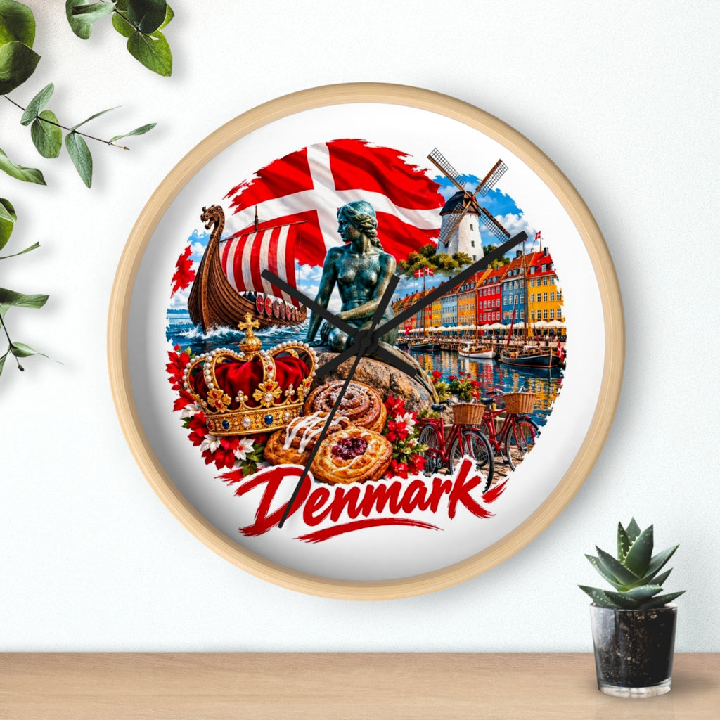Denmark Wall Clock — Copenhagen Icons: Little Mermaid, Nyhavn, Viking Longship & Danish Pastries