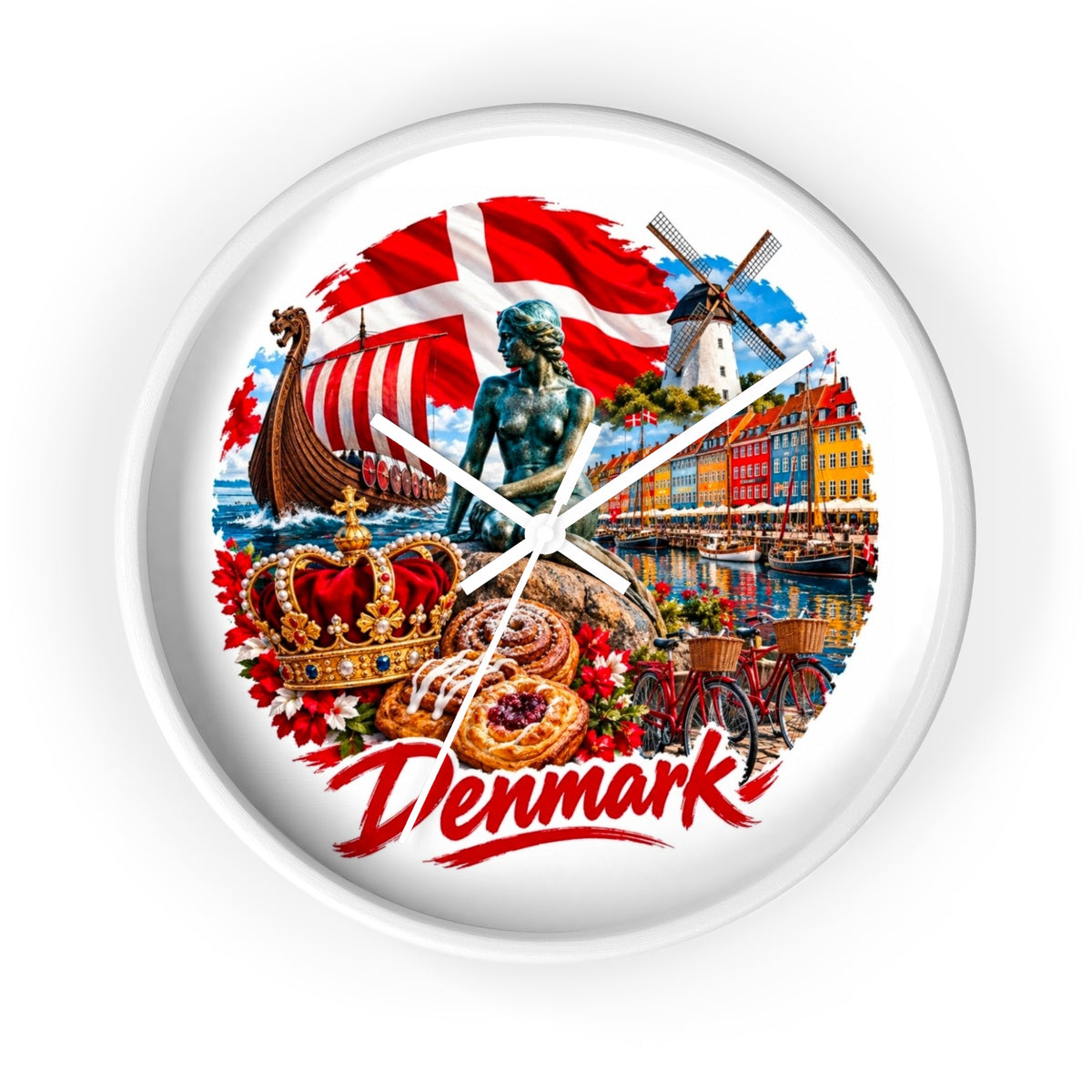 Denmark Wall Clock — Copenhagen Icons: Little Mermaid, Nyhavn, Viking Longship & Danish Pastries