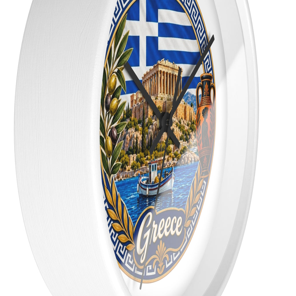 Greece Decorative Wall Clock — Parthenon, Olive Branch & Greek Flag Design