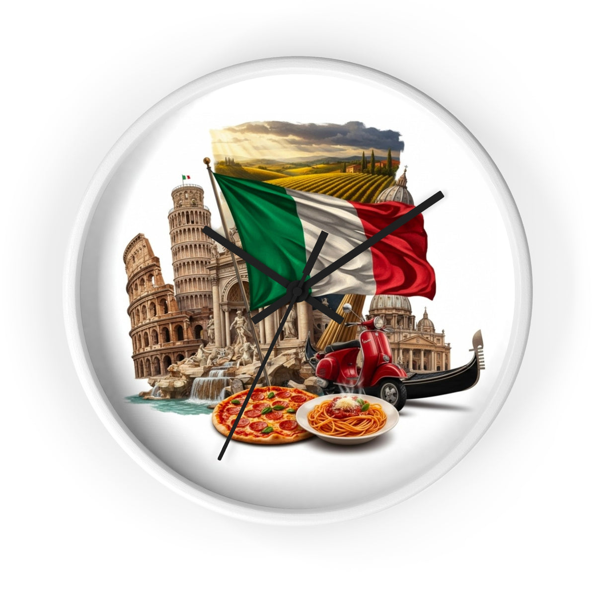 Italian Landmarks Wall Clock — Pizza, Vespa & Flag Heritage Decor