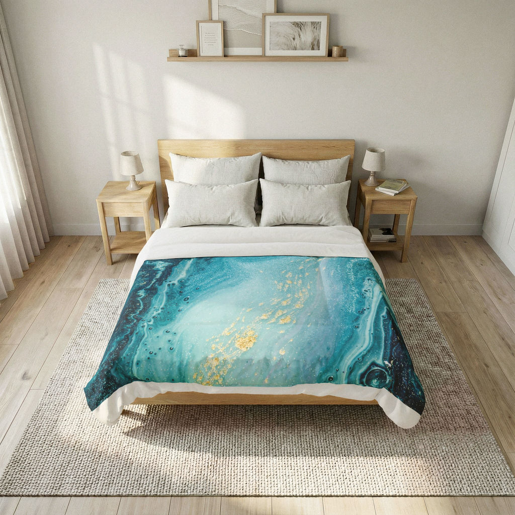 Teal Marble Cotton Comforter – Ocean Blue Abstract Bedding with Gold Veins