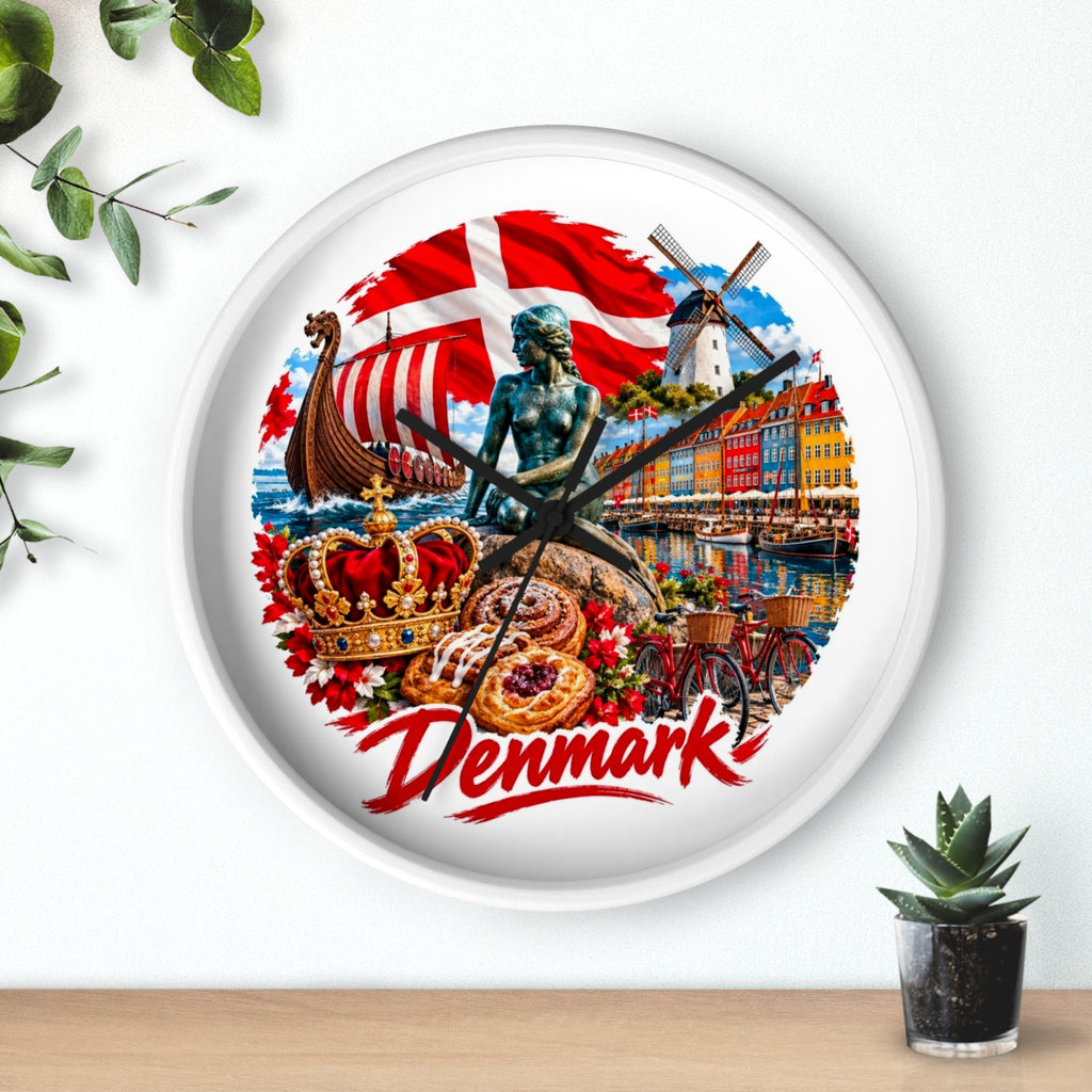 Denmark Wall Clock — Copenhagen Icons: Little Mermaid, Nyhavn, Viking Longship & Danish Pastries