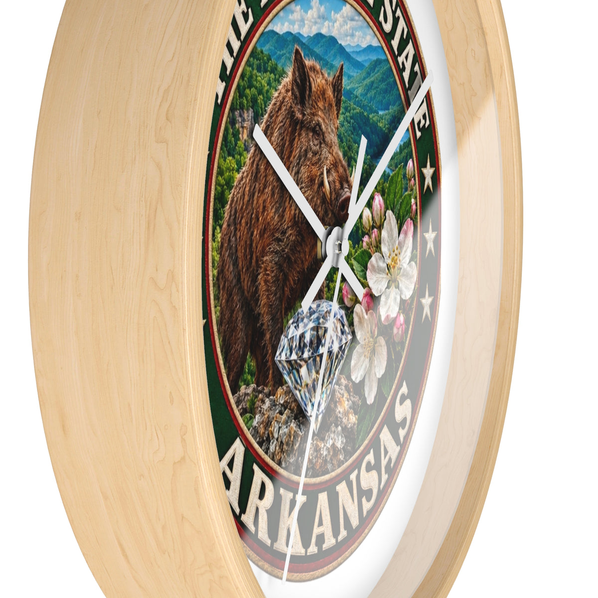 Arkansas State Seal Decorative Wall Clock — 'The Natural State' Bear, Diamond & Apple Blossom Design