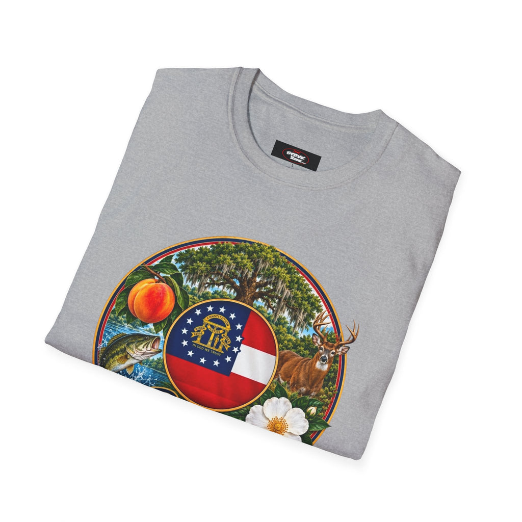 Georgia State Emblem T-Shirt – Peach, Magnolia & Flag Design
