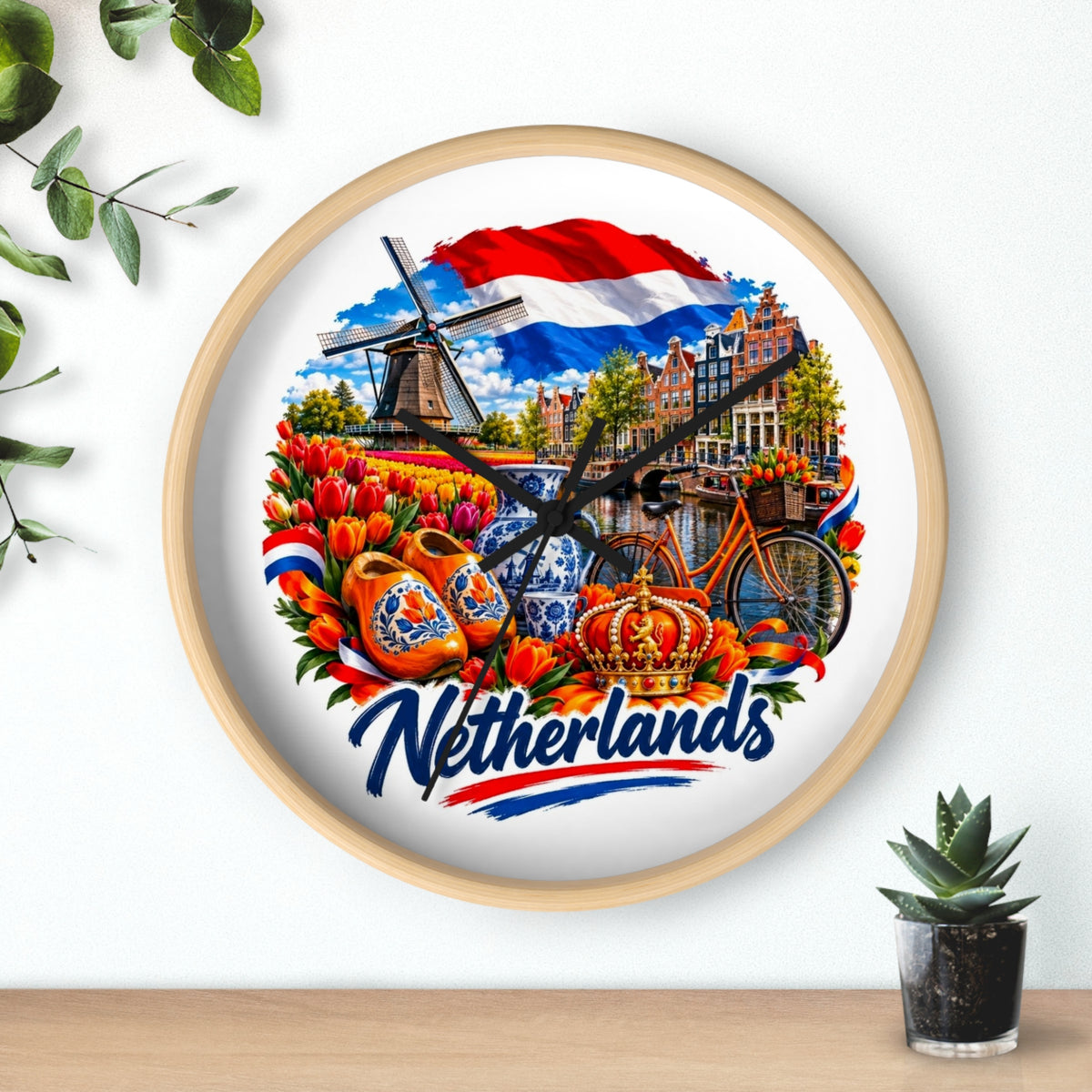 Netherlands Wall Clock – Dutch Tulips, Windmill & Canal Souvenir Clock