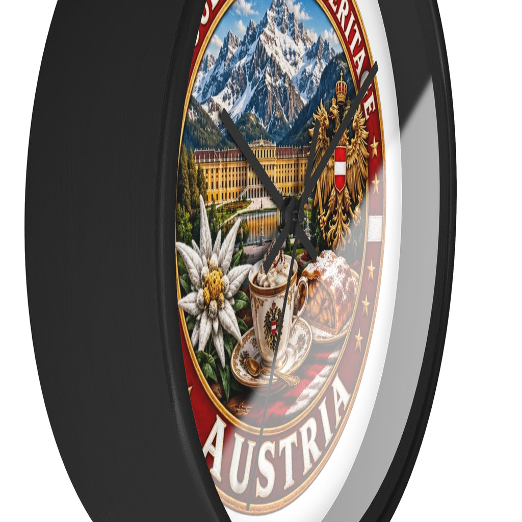 Austria Heritage Wall Clock — Proud Austrian Mountains & Coffee Scene