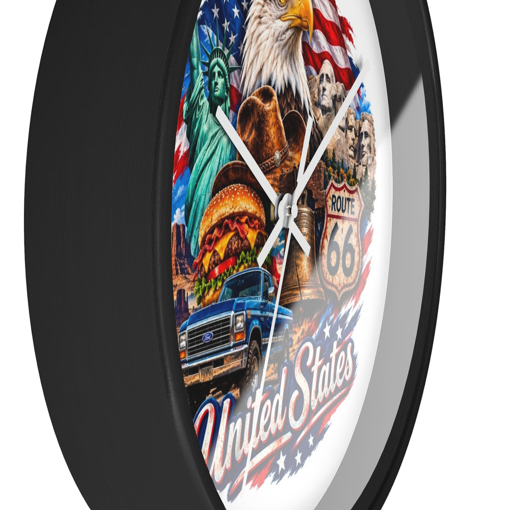 United States Patriotic Wall Clock — Eagle, Route 66 & American Landmarks