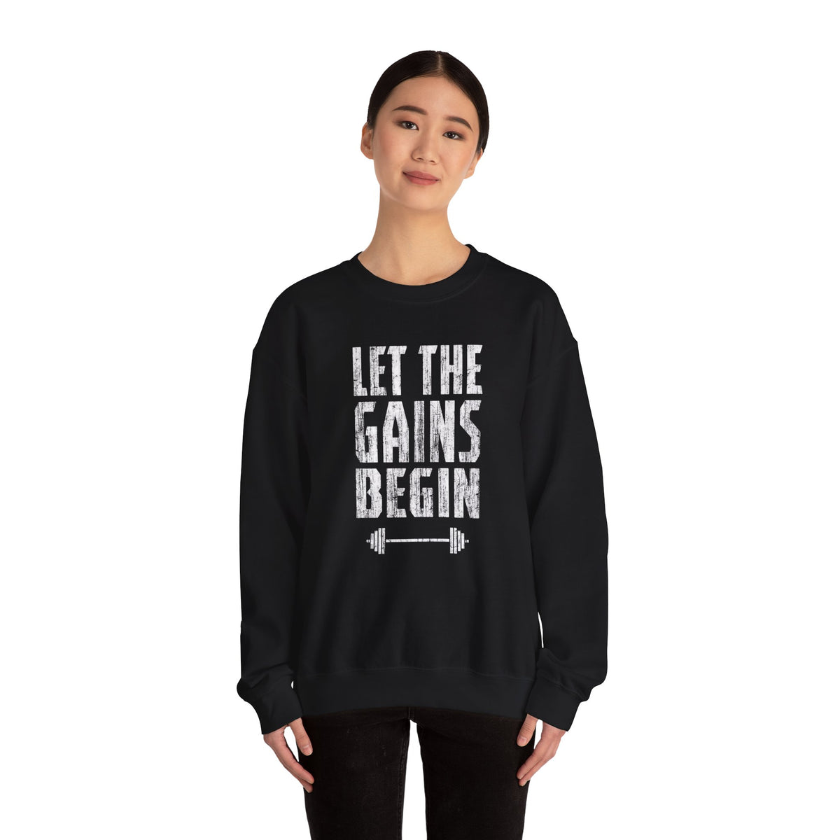 Motivated Muscle Gains graphic on a crewneck sweatshirt