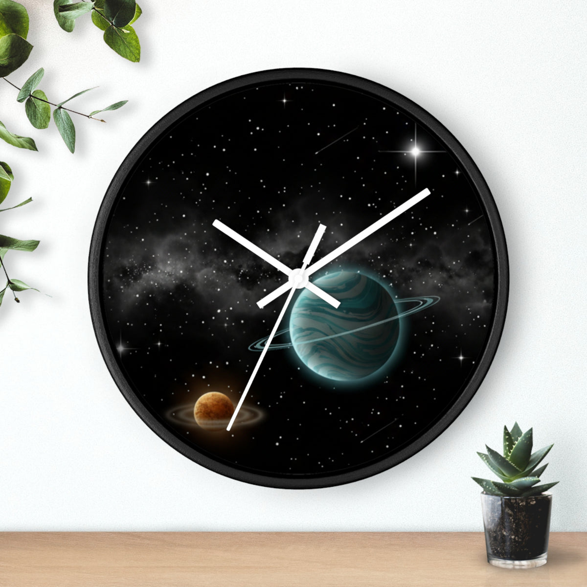 Space Planet Wall Clock — Teal Ringed Planet & Starfield Decorative Clock
