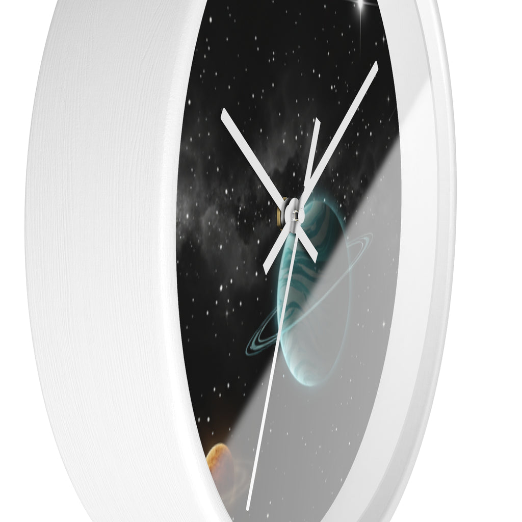 Space Planet Wall Clock — Teal Ringed Planet & Starfield Decorative Clock