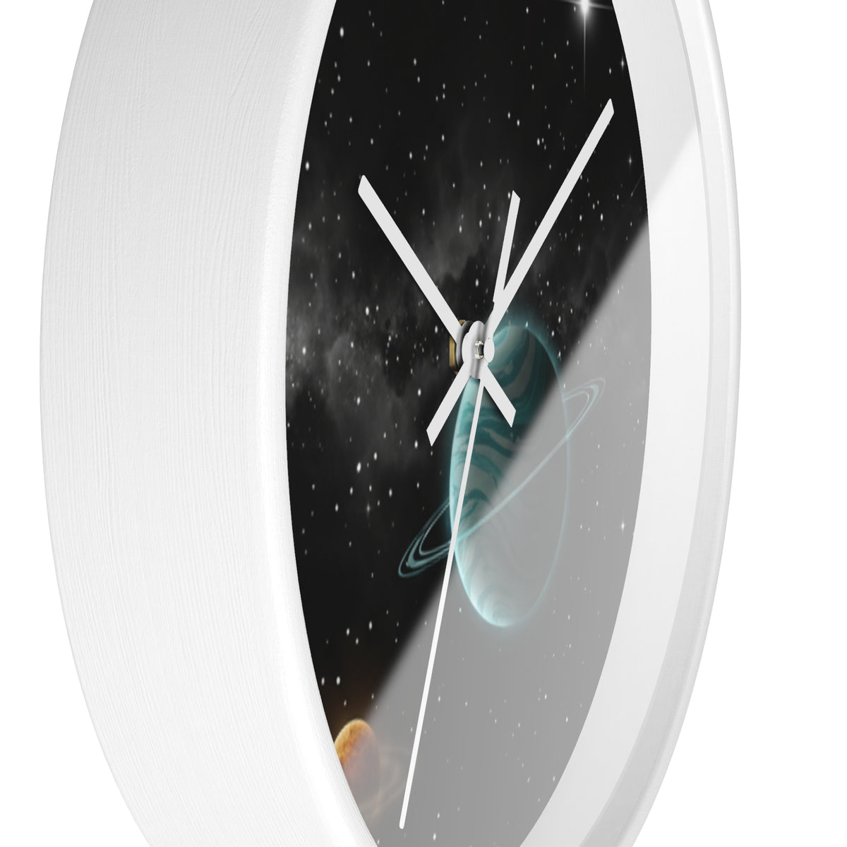 Space Planet Wall Clock — Teal Ringed Planet & Starfield Decorative Clock