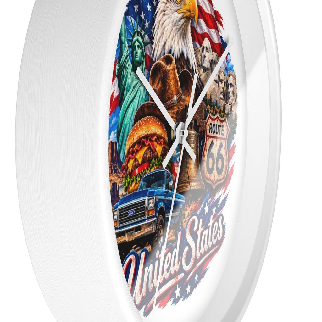 United States Patriotic Wall Clock — Eagle, Route 66 & American Landmarks