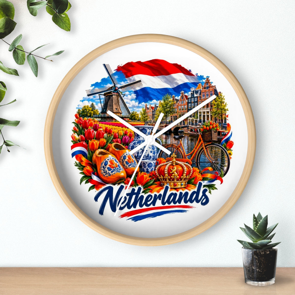 Netherlands Wall Clock – Dutch Tulips, Windmill & Canal Souvenir Clock
