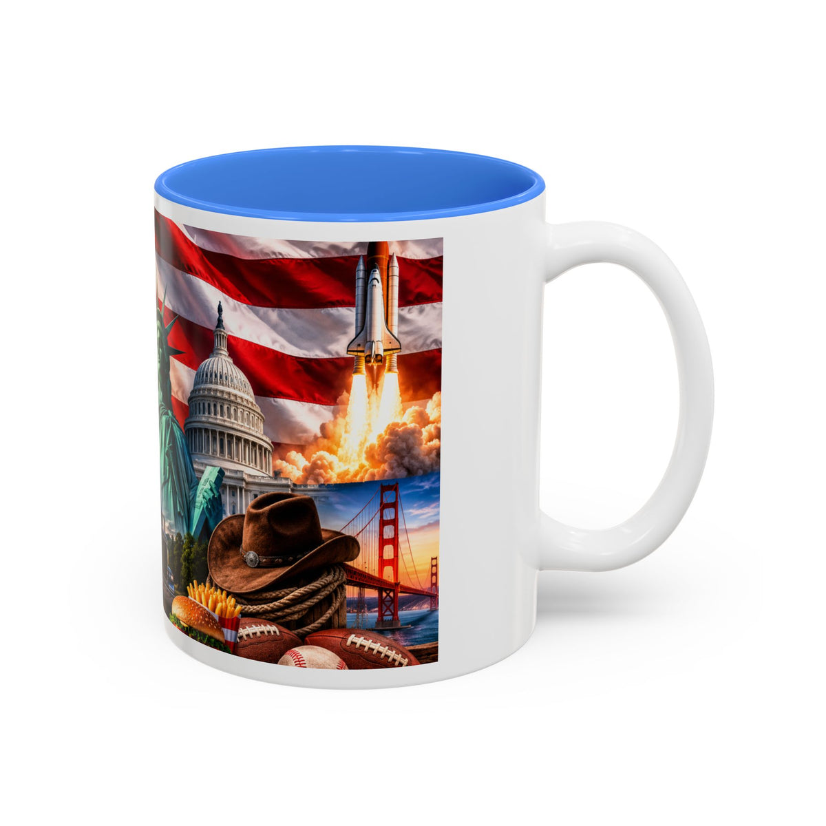 Patriotic USA Collage Mug — Statue of Liberty, Capitol & American Flag (Two-Tone)