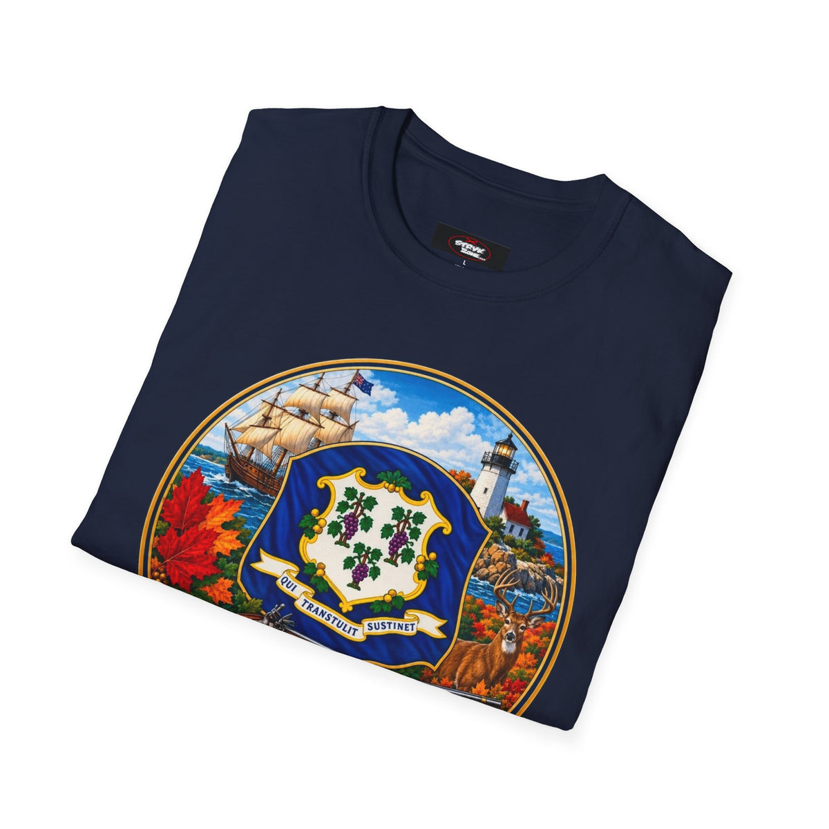 Connecticut Retro State Seal T-Shirt — Vintage Lighthouse & Ship Design