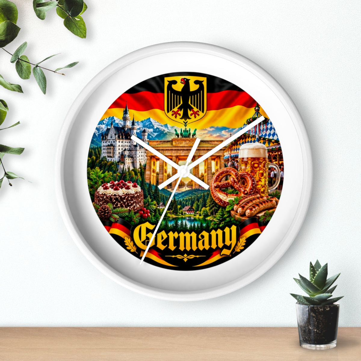 Germany Wall Clock — Travel Landmark Decor with Flag, Bavarian Pretzels & Beer