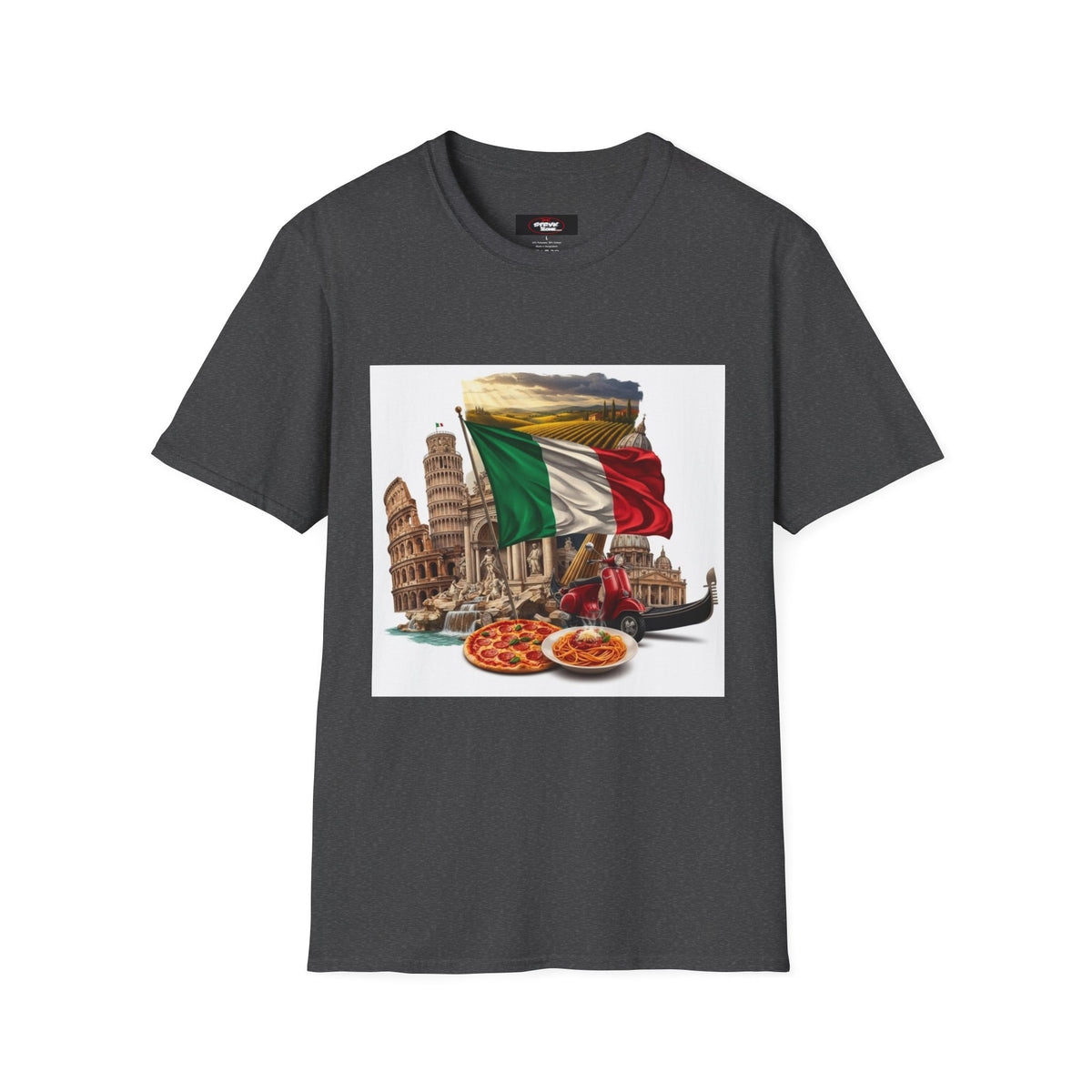 Italian Landmarks & Cuisine T-Shirt — Pizza, Colosseum & Flag Graphic