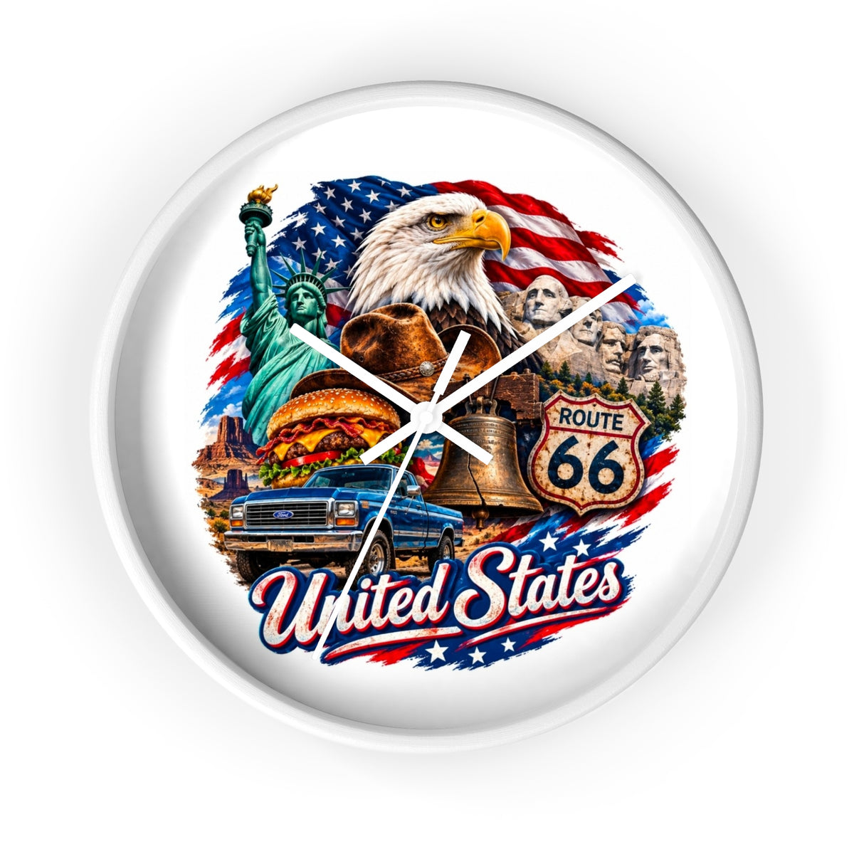 United States Patriotic Wall Clock — Eagle, Route 66 & American Landmarks