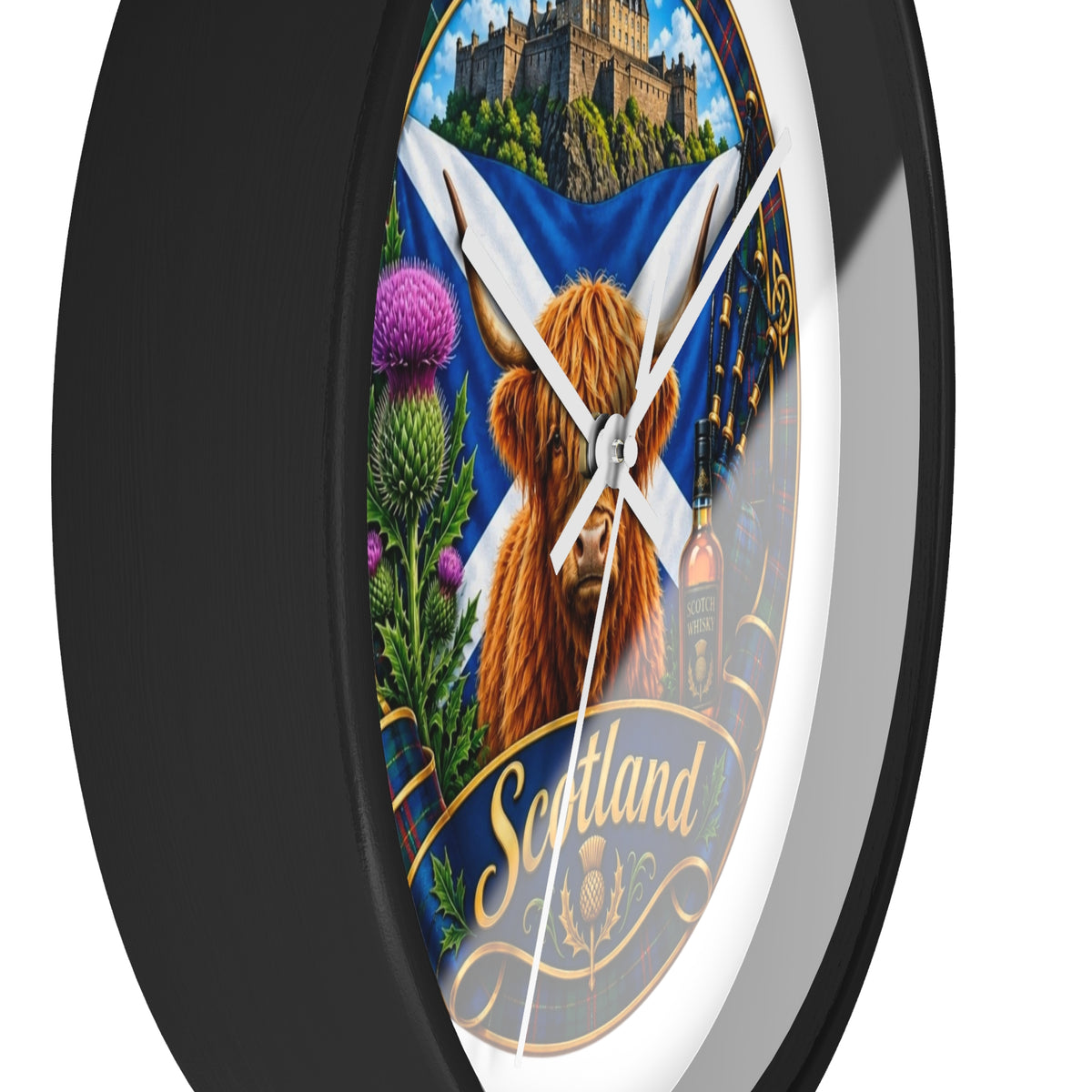 Scotland Highland Cow Wall Clock — Tartan Thistle Scottish Castle Home Decor