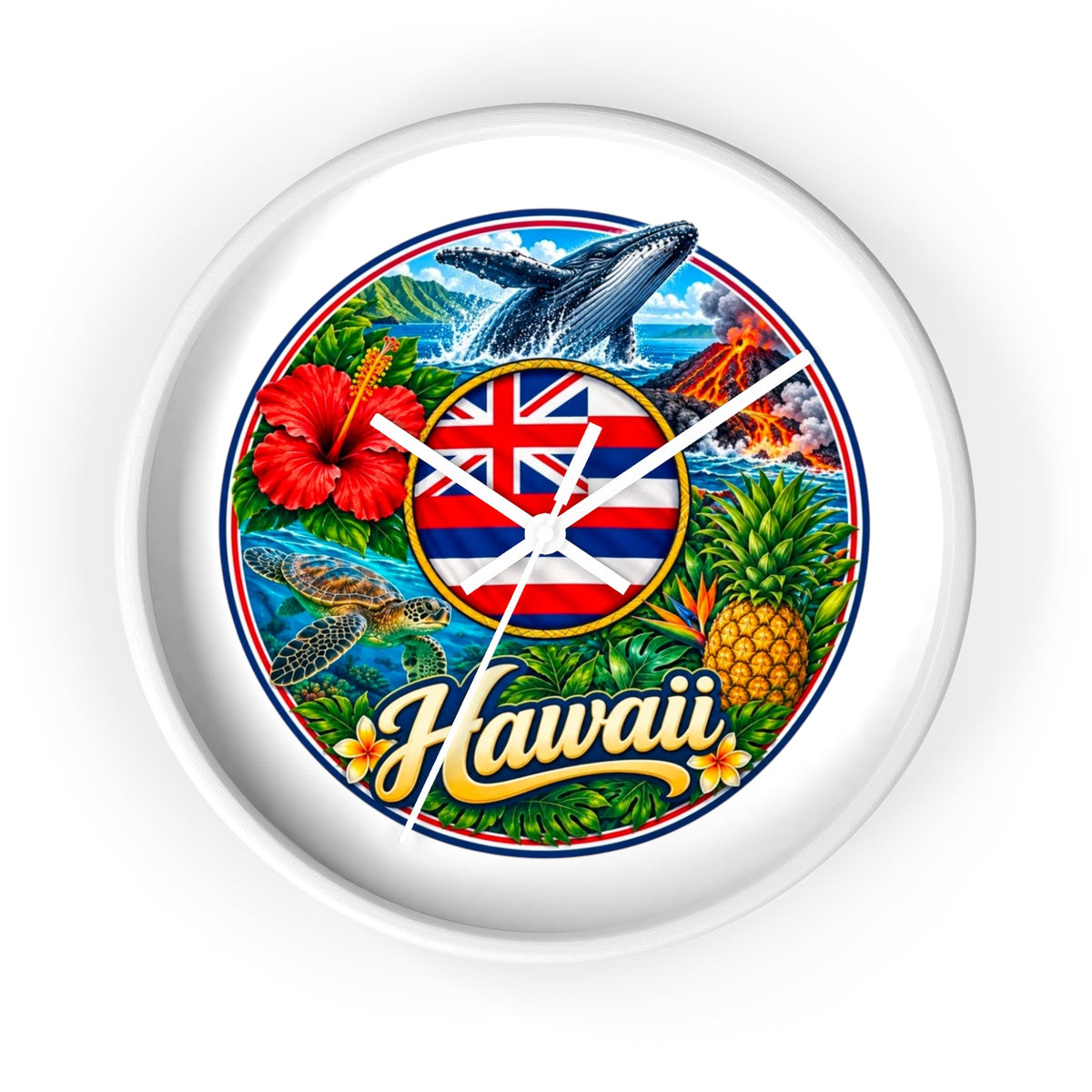 Hawaii Tropical Souvenir Wall Clock — Hawaiian Flag, Hibiscus, Pineapple & Whale Design