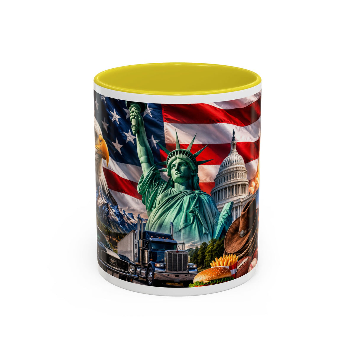 Patriotic USA Collage Mug — Statue of Liberty, Capitol & American Flag (Two-Tone)