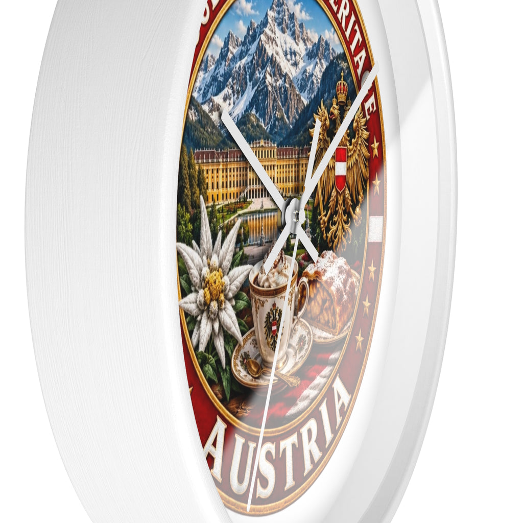 Austria Heritage Wall Clock — Proud Austrian Mountains & Coffee Scene