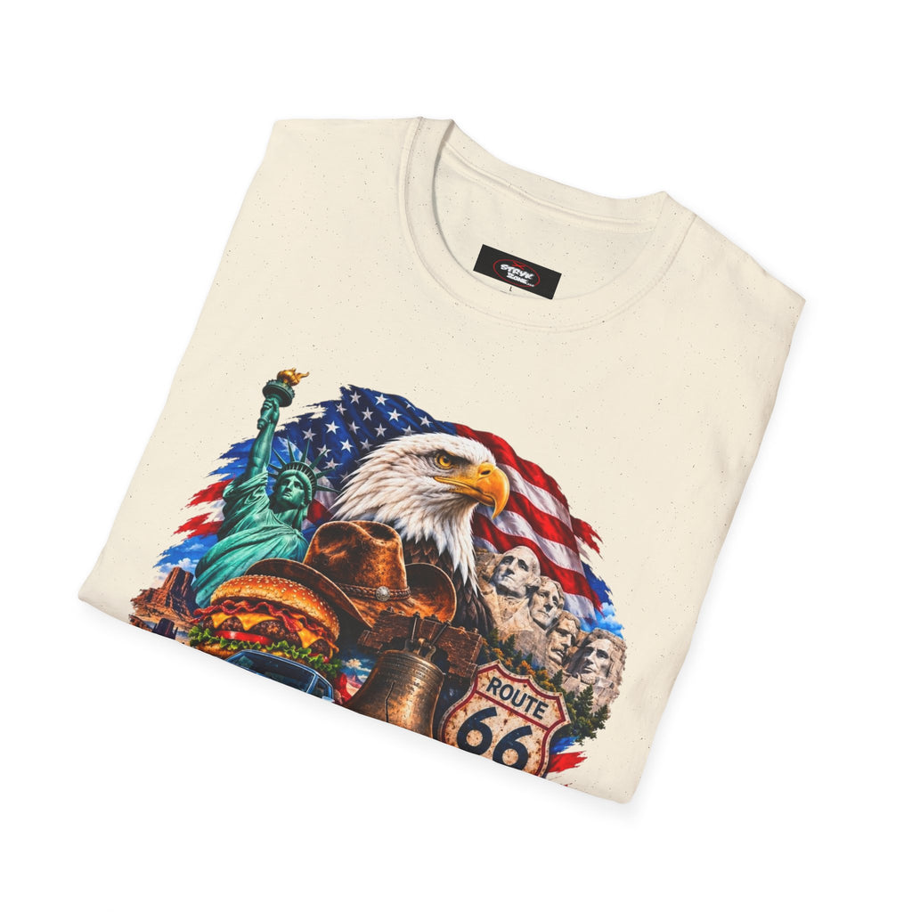 United States Patriotic T-Shirt — Bald Eagle, Statue of Liberty & Route 66 Design