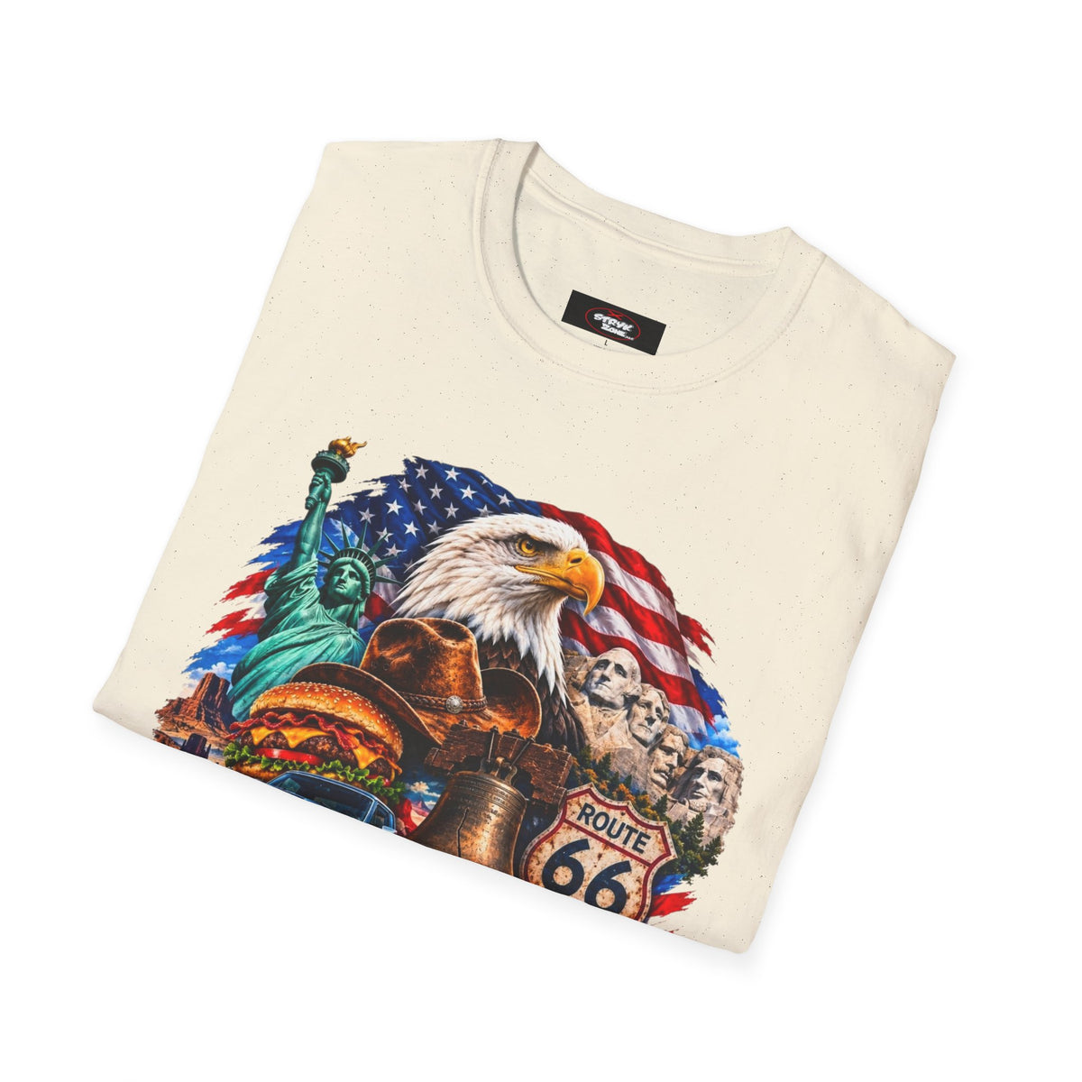 United States Patriotic T-Shirt — Bald Eagle, Statue of Liberty & Route 66 Design
